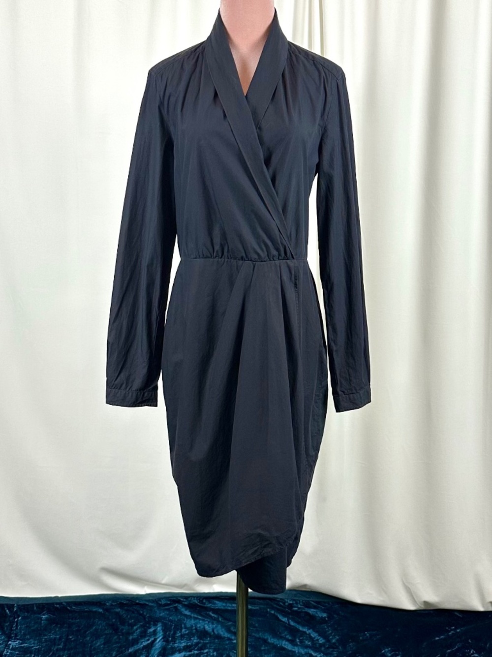 Max Mara Black Cotton Wrap Dress Minimalist Designer Long Sleeve Size S